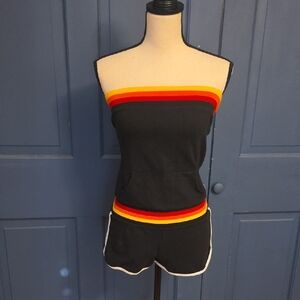 Hannah Black Strapless Roller Derby 70s Skater Romper Stripes Pocket Sz Medium